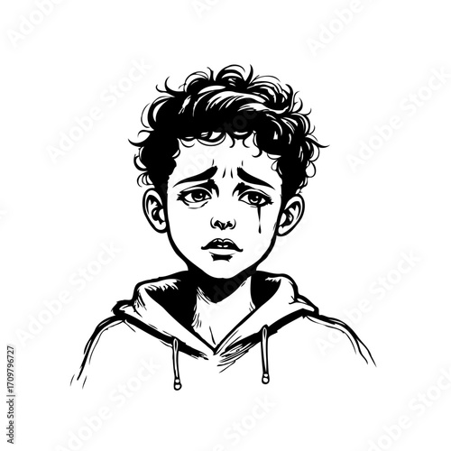 Expressive illustration depicting sorrowful young person with teardrop shows vulnerability and