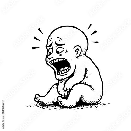 Expressive illustration of a distressed infant figure with mouth open embodying struggle and