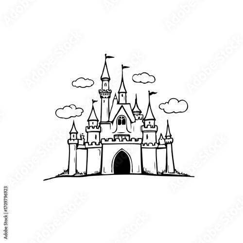 Fantasy castle illustration evokes childhood dreams whimsical architectural design hand drawn with