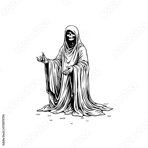 Grim reaper offering a small plant contrasting life and death symbolism in monochrome artwork