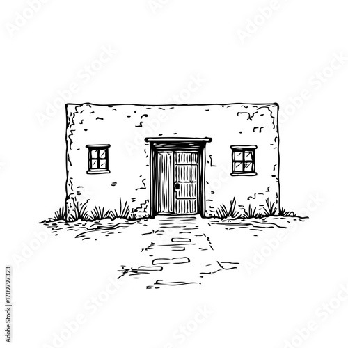 Hand drawn adobe building, rural architecture, simple design illustration, isolated sketch showing