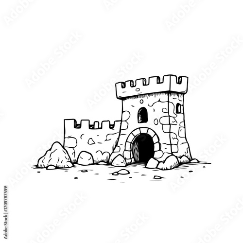 Hand Drawn Fantasy Sandcastle Illustration Displaying Childhood Dreams of Building with Detailed