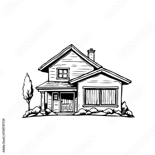 Hand drawn illustration of a charming suburban house with garden and tree sketch style vector art