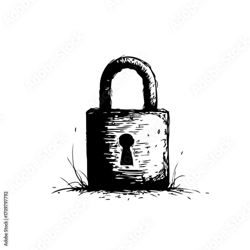 Hand drawn illustration of weathered padlock suggesting security safety and protection with a