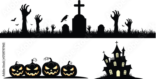 Halloween zombie hands rising from graveyard with tombstones, bats flying, glowing pumpkins, creepy crow, and haunted house vector illustration design