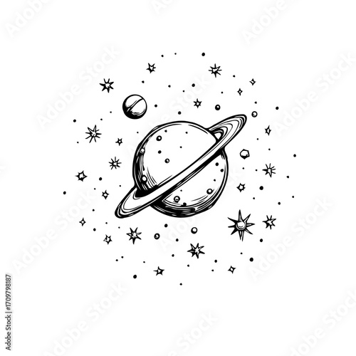 Hand drawn planet and celestial bodies design with stars creating a cosmic galaxy background for