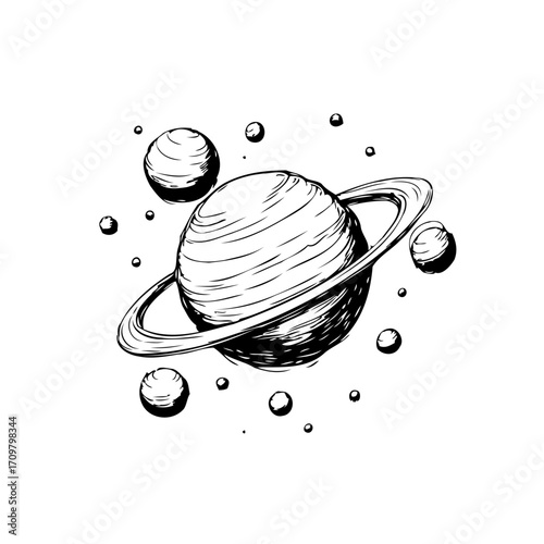 Hand drawn planets with rings and spheres in space offering a universe beyond our planet concept
