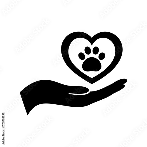 Hand holding a heart with a paw print inside, a symbol of love