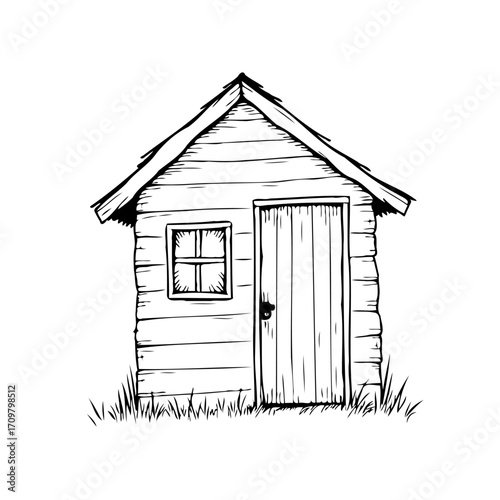 Hand drawn rustic shed illustration, creating a nostalgic and whimsical artistic effect, perfect