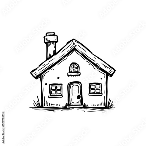 Hand drawn simplistic country house illustration in black and white sketch depicting residence or