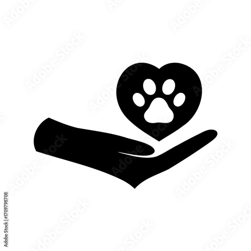 Open hand holding a heart containing an animal paw print silhouette