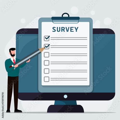 Businessman filling out online survey checklist on clipboard with large pencil while displayed on computer screen.