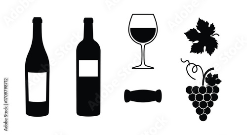 Wine bottles glass grapes and vine leaf in black silhouette style
