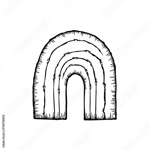 Hand drawn whimsical archway illustration with textured lines a simple symbol isolated on white