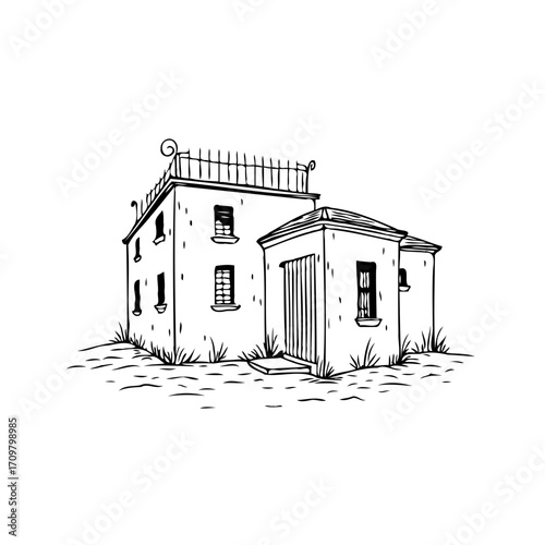 Hand drawn vintage rustic home sketch with rooftop terrace creating a simple nostalgic