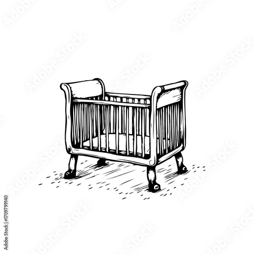 Hand sketched vintage baby crib illustration showcasing decorative woodwork and detailed hatching