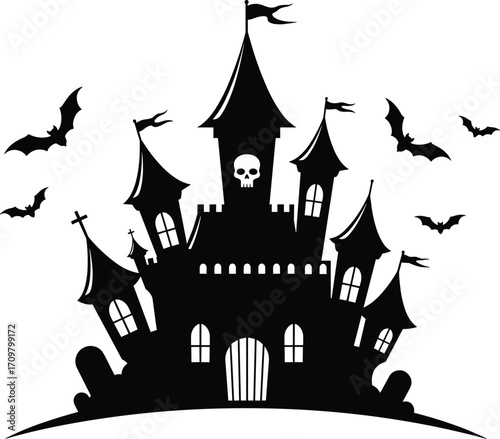 Haunted castle silhouette with bats flying, spooky graveyard, skull emblem, horror theme perfect for Halloween decorations and vector art.