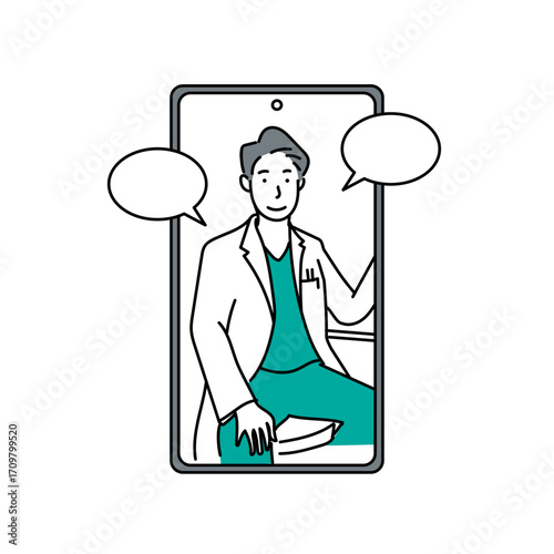 スマートフォン画面に映る男性医師が患者にオンライン診察を行い説明するイラスト｜遠隔医療や在宅診療を象徴する現代的な医療サービスの表現