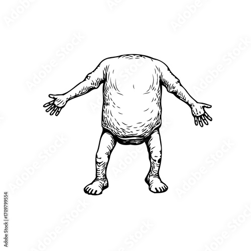Headless illustrated figure with outstretched arms and feet stands isolated in artistic monochrome