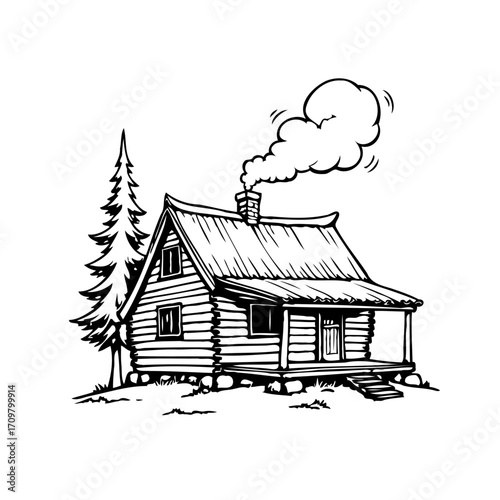 Idyllic log cabin nestled in a serene forest setting with cozy smoke billowing from the chimney a