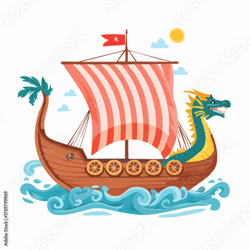 Viking Longship Sailing on the Sea with a Dragon Head and a Red Sail