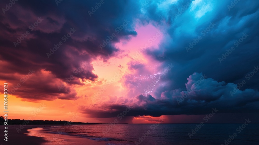 Obraz premium Lightning striking during a dramatic tropical storm, illuminating the ocean at sunset with vibrant hues of orange, red, and purple
