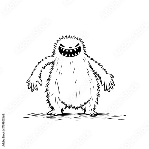 Illustration of a fluffy monster with sharp teeth, standing, isolated on white background for