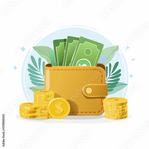 Money set. Credit card, bill, wallet, banknotes, coins and other financial elements. Payment, savings, cashback concept. Vector illustration