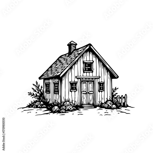 Illustration of a quaint cabin nestled among foliage exudes rustic charm and inviting simplicity
