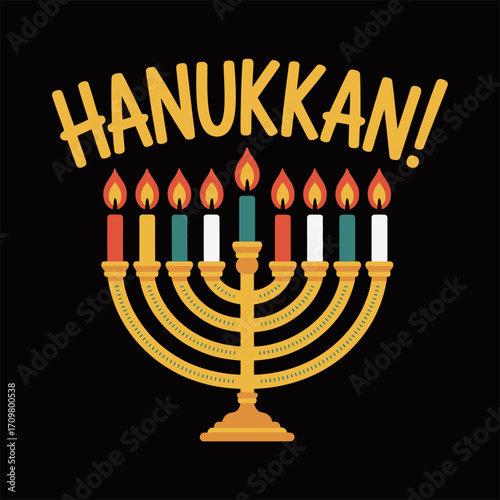 Hanukkah celebration poster, golden menorah with bright flames, bold lettering arc, dramatic black background, festive holiday graphic, vector