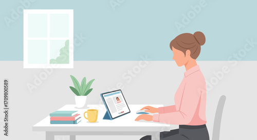 Focused woman working remotely from her modern home office, efficiently managing digital tasks on a tablet, symbolizing a productive and flexible professional lifestyle