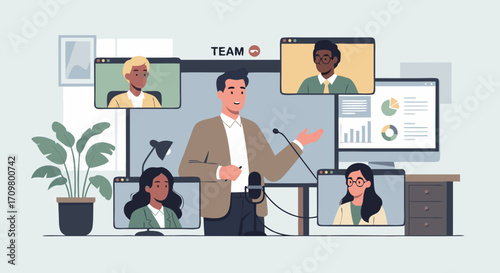 Professional online presentation for remote work team collaboration, featuring a speaker leading a virtual meeting with diverse participants connected via video conference