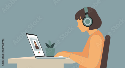 Engaging in efficient remote work A focused individual uses a laptop for a video conference, demonstrating flexible professional communication and modern digital collaboration