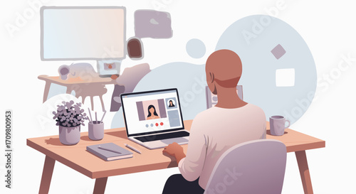 Remote Work A person participating in a video conference on a laptop at a desk in a home office setting