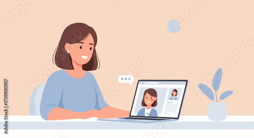 Illustration of a woman participating in a remote work video call, showcasing connection and collaboration