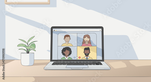 Seamless virtual team meeting experience on a laptop, showcasing diverse colleagues collaborating efficiently during remote work from home