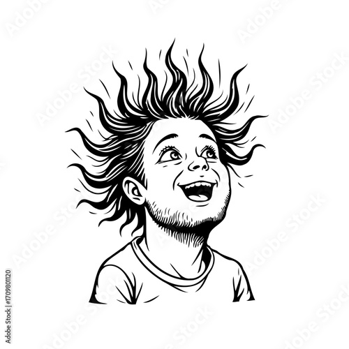 Illustrative excited boy with wild hair gazing upwards in wonder and amazement expression
