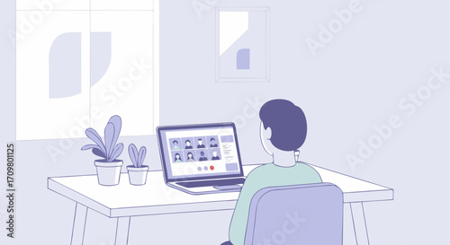 Illustration of an individual in a virtual team meeting on a laptop, a modern representation of business collaboration and remote work from home
