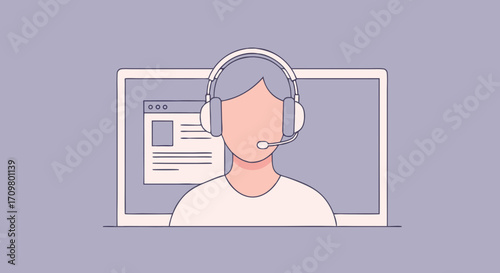 Remote Work Customer Service Representative Illustration with Headset and Laptop