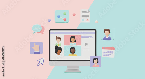 Illustration of diverse individuals collaborating remotely on a computer screen, symbolizing remote work and virtual meetings in a modern workspace