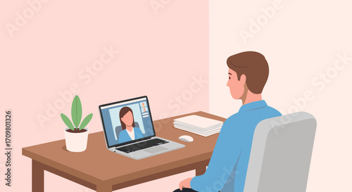 Young man engaged in a virtual video conference on his laptop, embracing the flexibility and efficiency of remote work from his home office setup