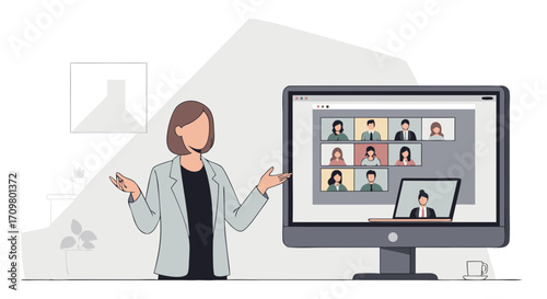 Concept of remote work with a female speaker leading a virtual team meeting online, illustrating digital collaboration and communication