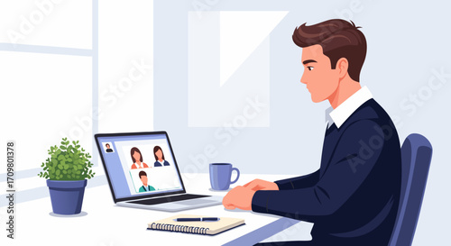 Businessman engaged in a video conference call, illustrating the concept of remote work and online collaboration