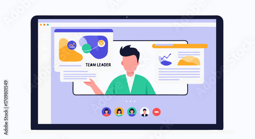 Online meeting for remote work, discussing business strategy and team leadership with graphs and charts on screen