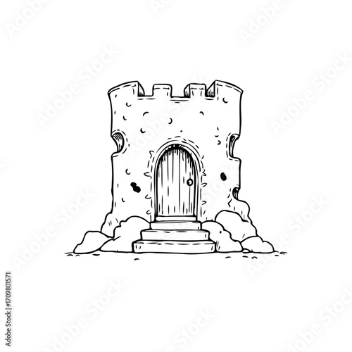Imaginary stone tower rises from rocky ground featuring a wooden door and crenellations in a sketch