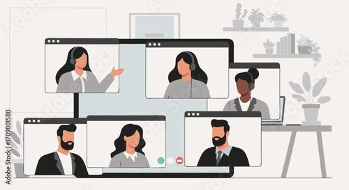 Seamless remote work collaboration A diverse team connecting through video conferencing on a digital platform