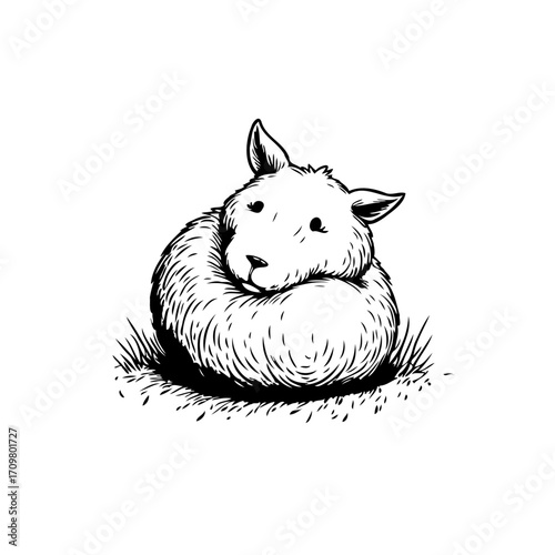Ink drawing of a cozy sheep nestled in grass creates a charming whimsical atmosphere and rural