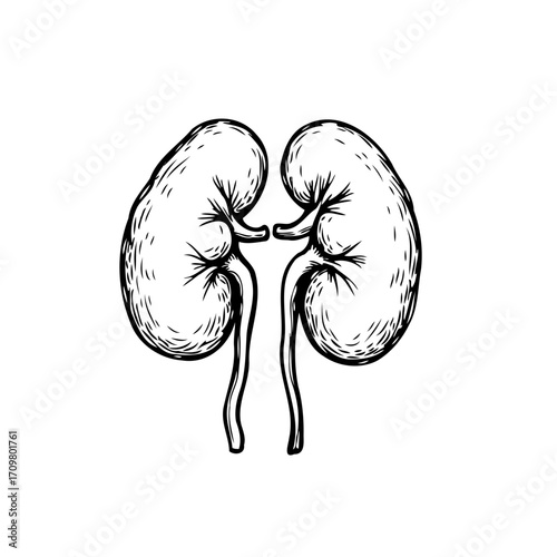 Ink drawing illustration displaying symmetrical kidney anatomy for biological study and medical