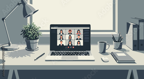 Remote Work Setup Laptop Video Call on Desk for Online Meeting