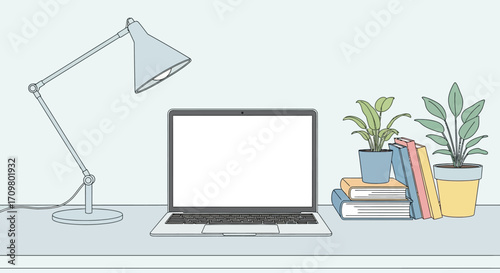 Modern minimalist home office setup with a laptop, lamp, and plants, perfect for remote work productivity and a serene workspace environment
